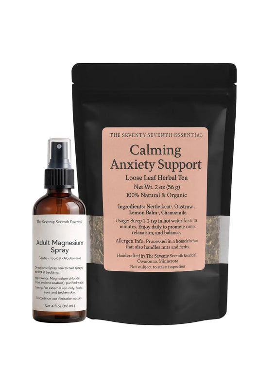 Tea package and spray bottle labeled 'Calming Anxiety Support' on a white background