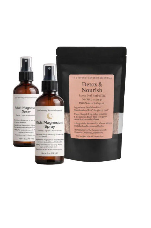Two bottles of 'Adult Magnesium Spray' and 'Kids Magnesium Spray' with a 'Detox & Nourish' package on a light gray background.